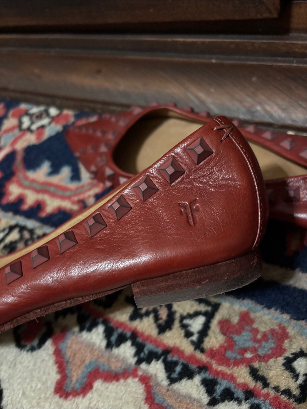 Frye Burgundy Studded Pointed Leather Flats - Picture 6 of 6